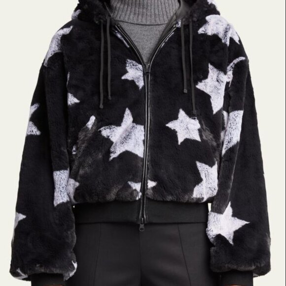 Blanc Noir Faux-Fur Reversible Star Hoodie - LARGE - Furry Soft Black Grey Stars - Picture 2 of 4